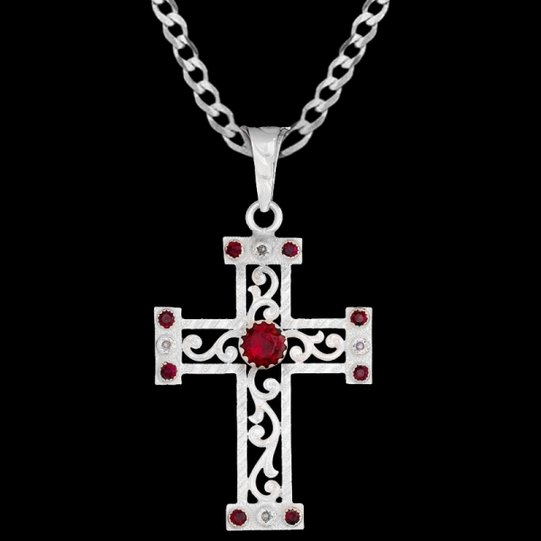 The Judges Cross Pendant Necklace features a silver plated finish with high contrast enamel and customizable zirconia stones. Pair it with a special discount sterling silver chain today!